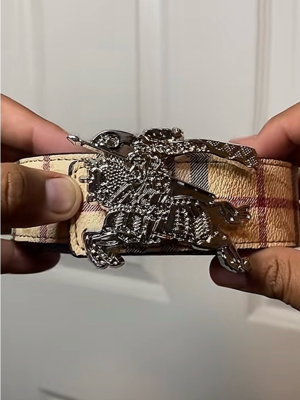 Burberry Beige and Red Check Belt with Black TB Buckle